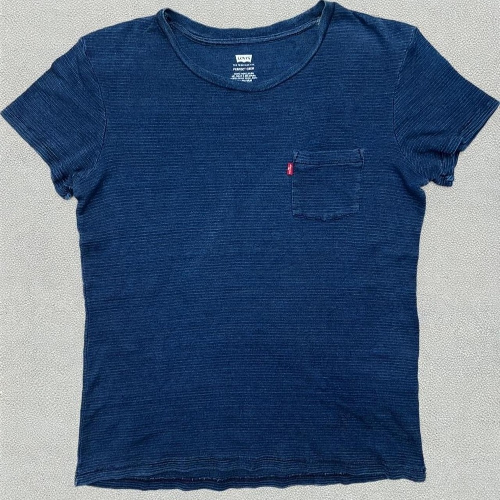 Levis Perfect Crew Indigo Slub Pocket Tee Blue Striped T-Shirt Womens Medium